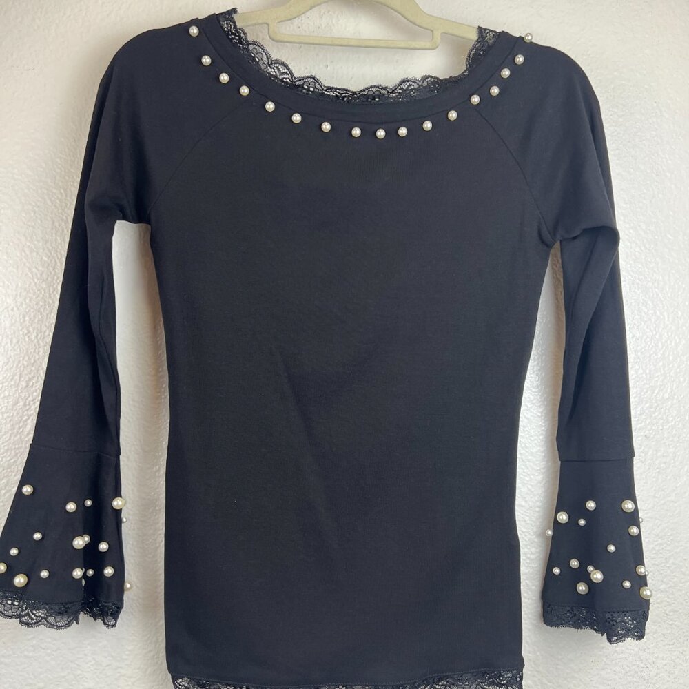 NWT Bebe Women's Solid Black Top w/Pearls Lace Trim Bell Sleeves Top Size S